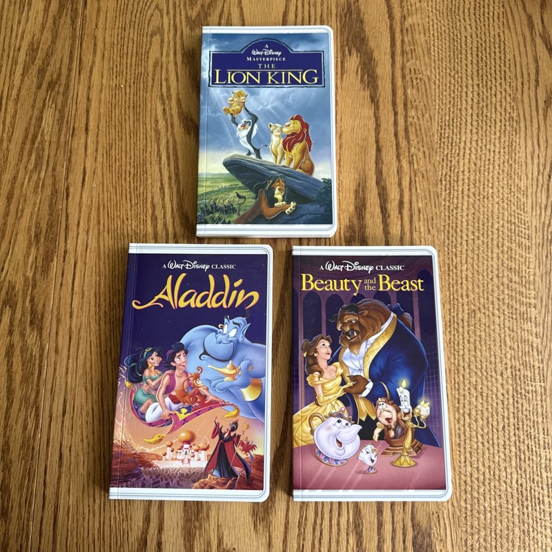 3 New Vtg Disney Parks VHS Style Notebook Journal Beauty Beast, Aladdin & Lion