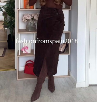 ZARA NEW WOMAN HIGH-WAIST 100% LEATHER WRAP MIDI SKIRT BROWN XS-L