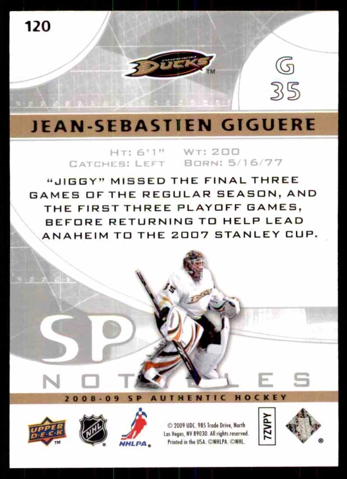 2008-09 SP AUTHENTIC JEAN-SEBASTIEN GIGUERE 729/999 #120 - Image 2 of 2