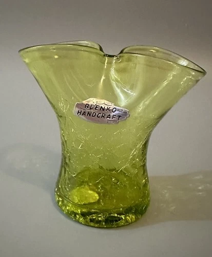 Blenko Handcrafted Green Crackle Punched Glass Bud Vase Two Sided Vase 4 Inches