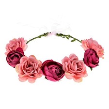 Women Rose Floral Crown Hair Wreath Leave Flower Headband with Adjustable Ribbon