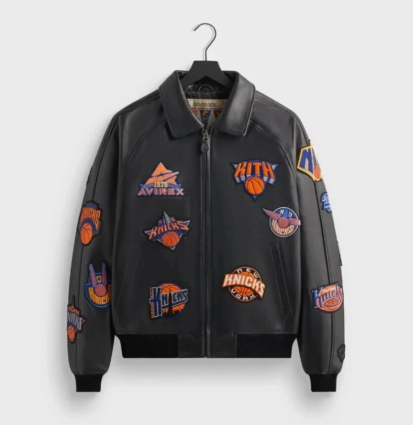 Kith & Avirex Leather Jacket New York Knicks Icon Patches NBA Black Jacket NWT