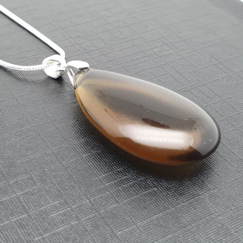 Smoky Quartz Necklace Natural Gemstone Teardrop Pendant Silver Plated Chain - Picture 13 of 15