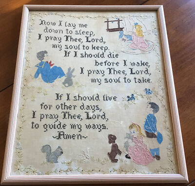 Antique Crosstiched, Embroidered & Painted Linen - Prayer Framed With Glass