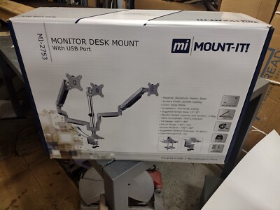 Mount-It! MI-2753 Triple Monitor Mount with USB Port Silver And Chrome