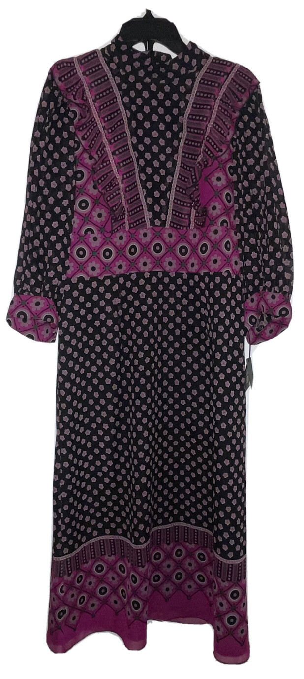 NWT Anna Sui Floral Black/Purple Ruffle Dress Retro Free People Midi sz 6