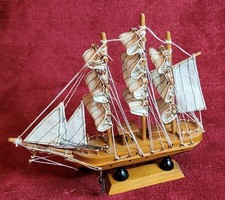 Wooden Model Sailing Ship With Sails On Stand.Nautical Sea Boat