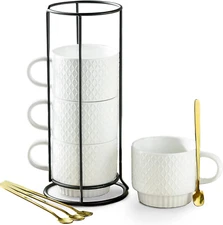 3 Tier Serving Bowls with Metal Rack and 13 OZ Stackable Coffee Mugs Set of 4 wi