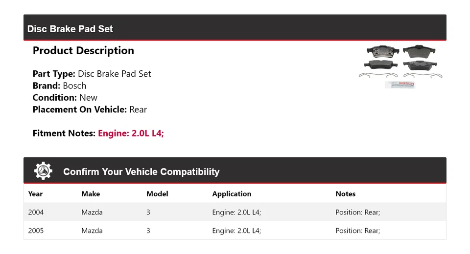 适用于 2004 - 2005 年马自达 3 2.0L L4 博世 QuietCast 半金属刹车片 后部 — 第 2/4 张图片
