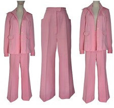 Pink 70s suit high waisted wide leg long handmade mod retro groovy set