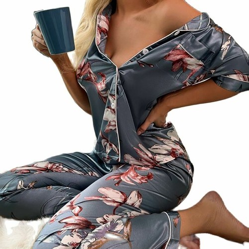Women's Short Sleeve Silk Pajamas Set Print Satin Sleepwear Homewear Nightwear - Picture 5 of 251