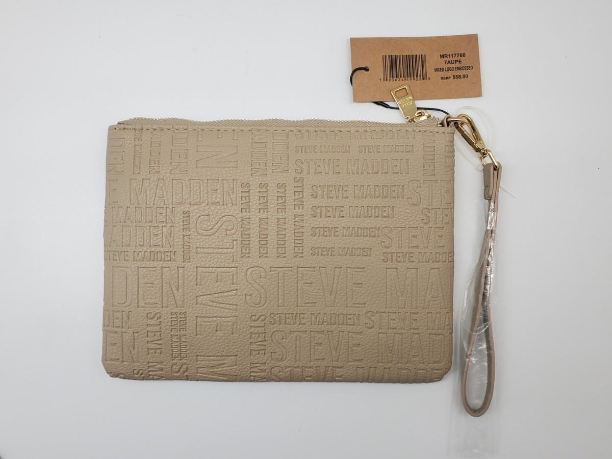 STEVE MADDEN Taupe Logo Embossed Wristlet Pouch with Handle 10 