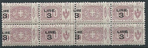 1923-25 REGNO PACCHI POSTALI 3 SU 10 QUARTINA VARIETà SOPRASTAMPA MNH ** - ED775 - 第 1/1 張圖片