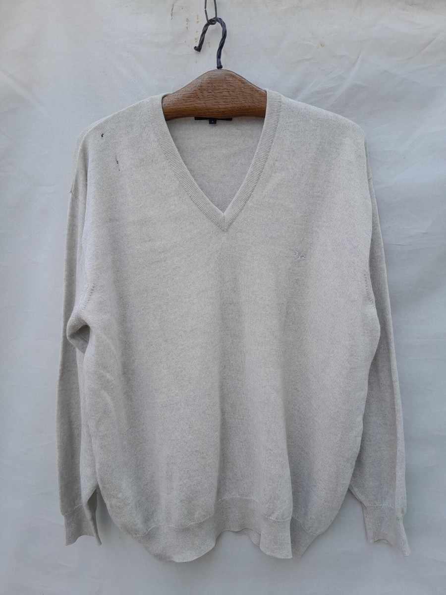 Vintage Burberry Sweater Mens XL Oatmeal Embroidered Logo V Neck