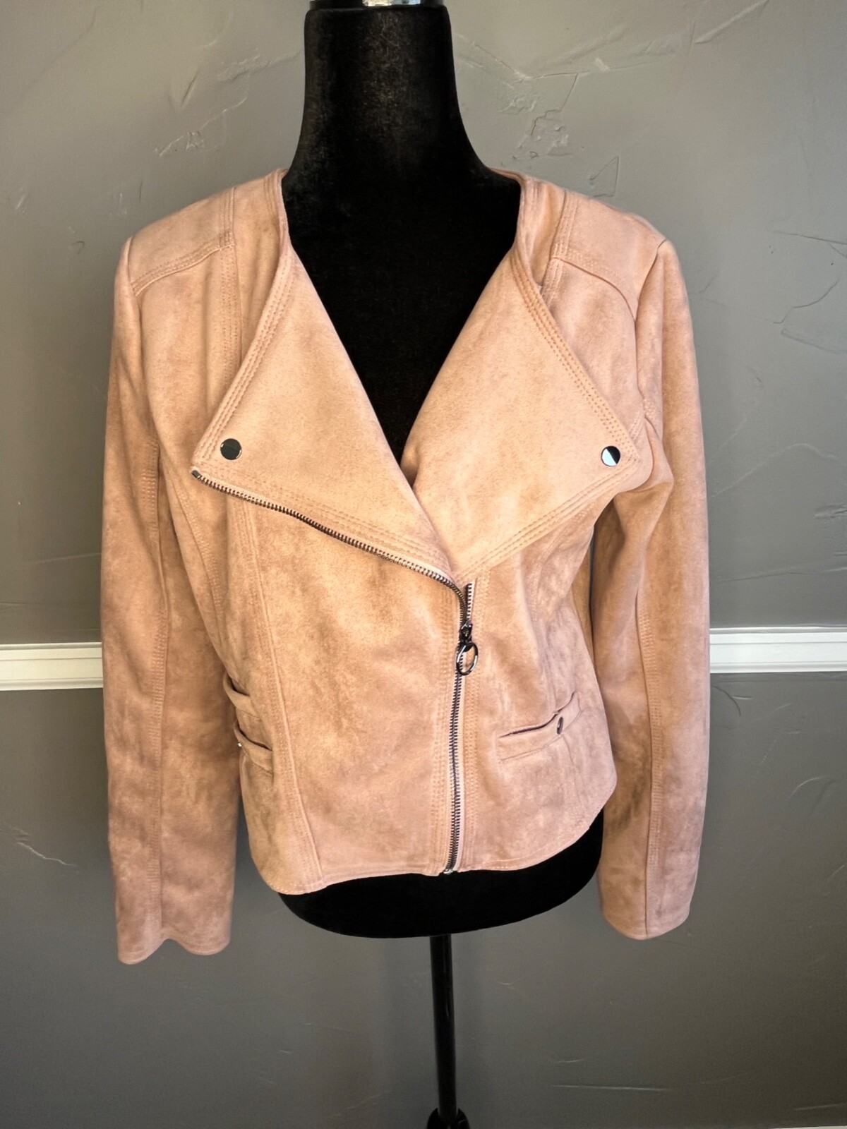 Haute Monde Jacket Women's Size L Light Brown Faux Suede Pockets Zipper