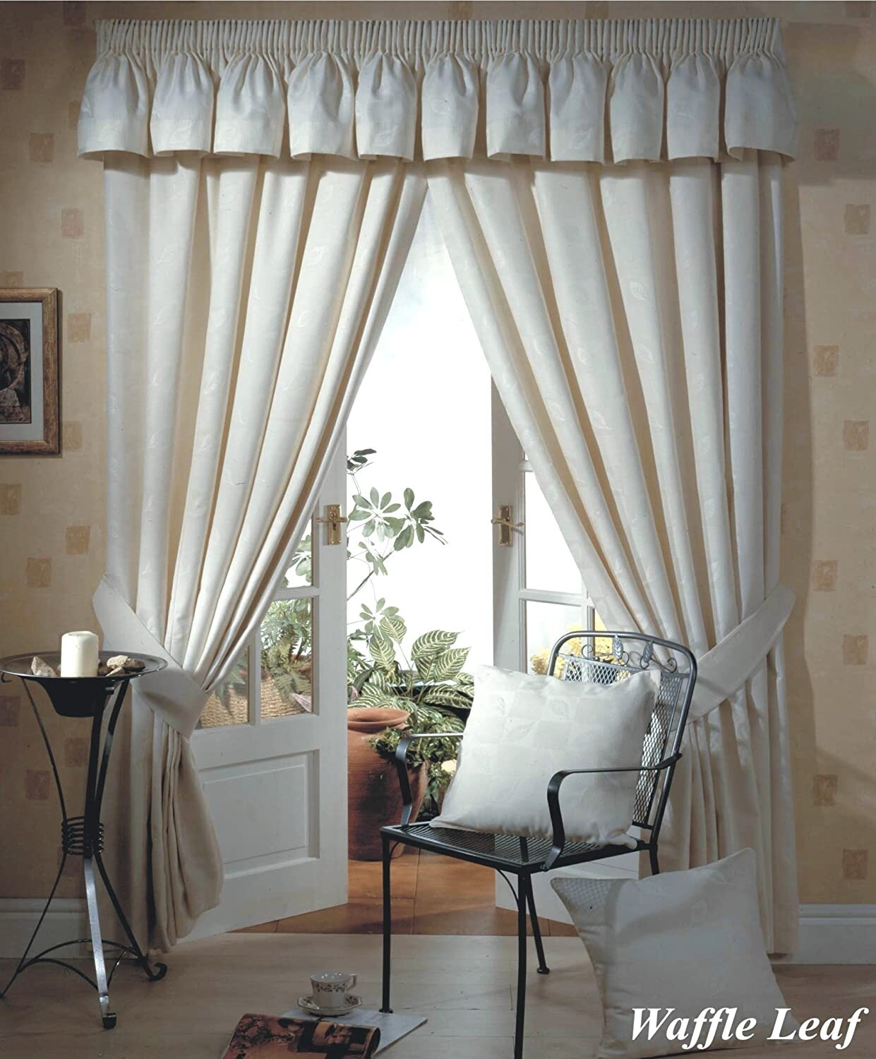 66"" x 90"" Waffle Leaf Cream Luxury Jacquard Ready Made Pencil Pleat Curtains