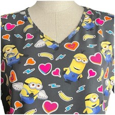 Despicable Me Minion Scrub Top Women Size M Hearts V Neck Uniform Kids Character