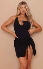 PrettyLittleThing Chain Detail Asymmetric Ruched Bodycon Mini Dress - Black UK 8