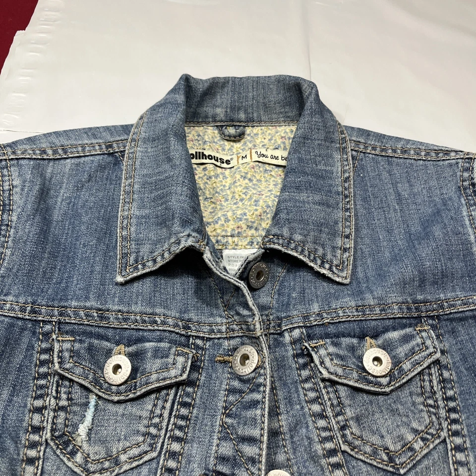Chaqueta M Dollhouse Recortada Envejecida AZUL Denim Micro JEAN y2k Años 90 Abotonada M Foto 3 de 4