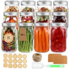 Wide Mouth Mason Jars 32 oz, 12 Pack Clear Glass Mason Jars with Airtight Lid...