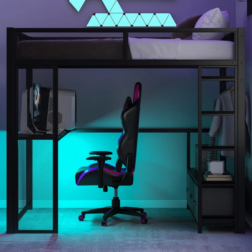 Full Size Metal Gaming Loft Bed with LED, Desk,Open Wardrobe and 3 Linen Storage - Image 4 of 4