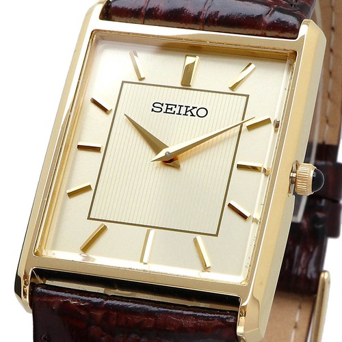 Men's Square Design Quartz Watch SWR064 Champagne Gold Dial x Brown Leather Band - Picture 2 of 7