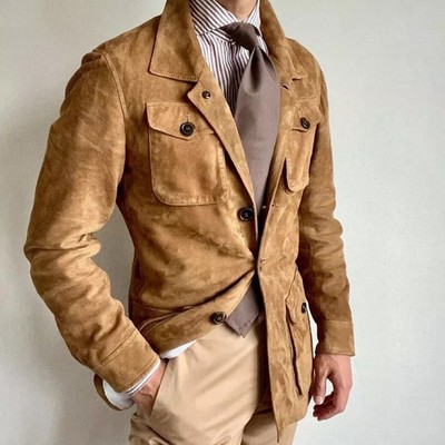 Brown Field Leather Jacket Men Pure Suede Custom Made Size S M L XXL 3XL