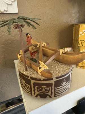 VINTAGE HAWAIIAN MUSIC Box Palm Tree Wooden Outrigger Canoe Hula Girl AS IS