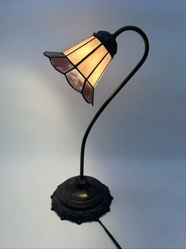 Vintage Tiffany Style Stained Glass Gooseneck Desk Lamp 18”  Rose Pink