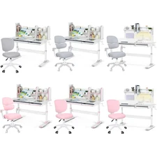 Gray/Pink Adjustable Height Kids Study Desk and Chair Set Student Drafting Table