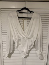 Lulus White Long Sleeve Chain Accent Deep V-Neck Bodysuit S Women
