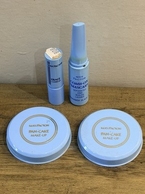 Vintage Max Factor Makeup Lot Pan-Cake Make-Up Erace Cover-Up Mascara MidCentury