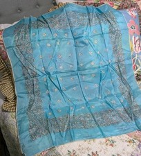 Vintage 30 X 30 Aqua White Floral Paisley Delicate Silk Scarf