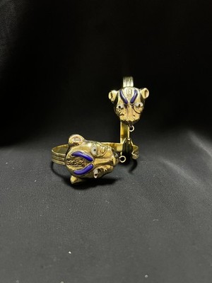Twin Large And Small Sekhmet Lioness Head Bracelet Blue Enamel Brass