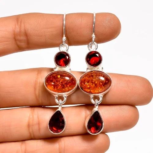Baltic Amber Red Garnet Gemstone 925 Silver Handmade Earrings 2.2" ARE-6227