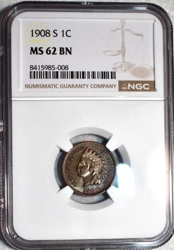 NGC MS-62 BN 1908-S Indian Head Cent, Razor-Sharp, Blazing Key-Date!