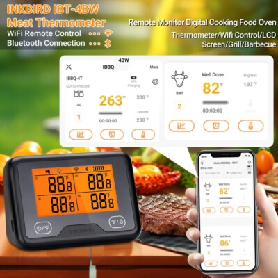 Inkbird WiFi Bluetooth Grill Thermometer IBBQ-4BW Remote Control Alarm Timer C/F