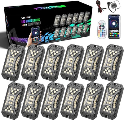 SUNPIE RGB LED Rock Lights Kit 12-Pods 30LED Wide Angle Bluetooth & Remote