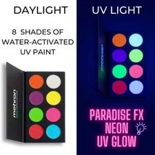 Mehron Paradise Makeup AQ NEON UV Glow 8 Color Palette Body & Face Paint
