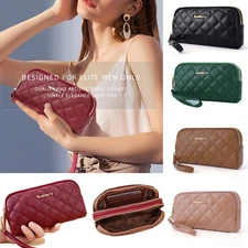 Women's Long Leather Wallet Double Zipper Phone Wallet Purse Wrist Strap Clutch