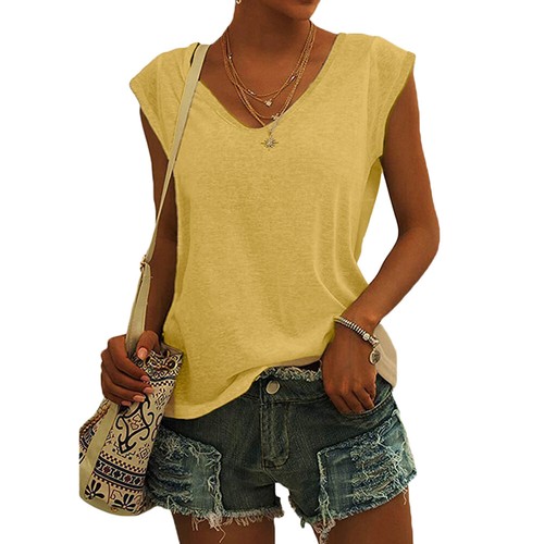 Womens V-Neck Tank Tops Summer Sleeveless Casual Loose Plain T-Shirt Cami Vest - Picture 23 of 24