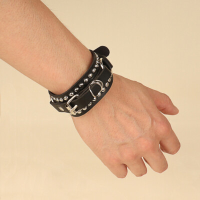 Aroncent 2-Pack Punk Rock Leather Bangle Bracelets - Adjustable Cuff Wristbands (Black & Brown)