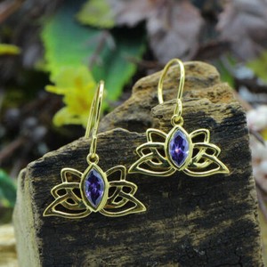Authentic Simulated  Amethyst Lotus Flower Dangle Earrings 14k Gold Plated Silver 925