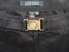 NEW Ralph Lauren Linen Straight Leg Black Trouser Pants Gold Buckle Womens 18w