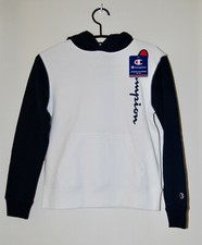 NWT Champion Boy's White  Navy Blue Large Logo LS Hooded Sweatshirt sz M