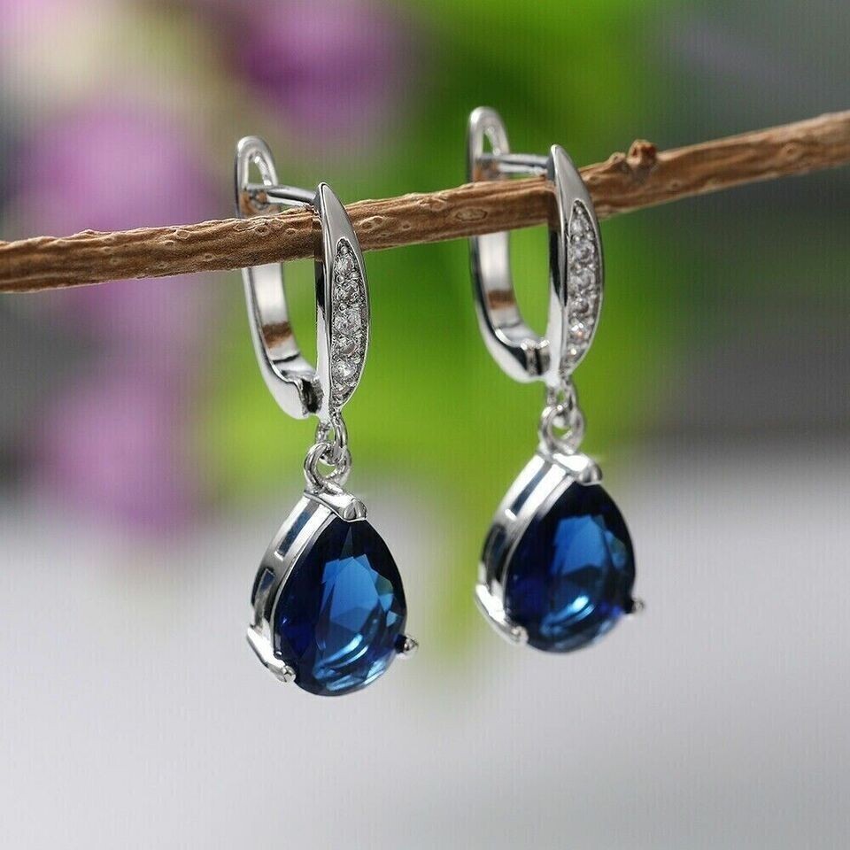 Pear Cut Simulated Sapphire Drop Dangle Earrings 14K White