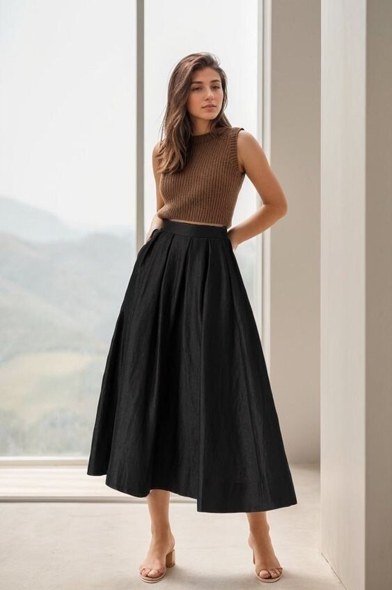 Simple & Modern Women Black Taffeta Midi Skirt Casual and Formal Occasion Wear