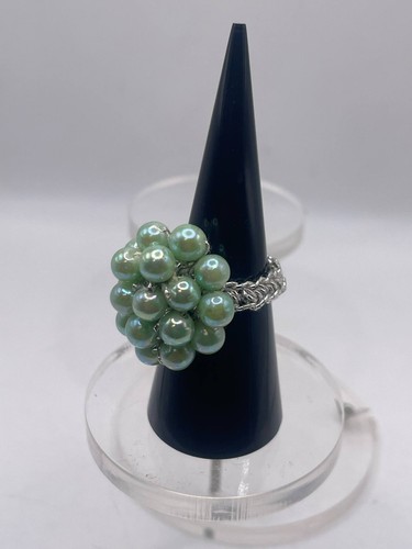 Vintage Costume Jewelry Green Faux Pearl Cluster Ring on Silver Stretch Band