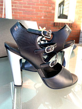 CHANEL 18B Classic Lambskin Sandals Heel Black Size 38