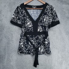 APT 9 Womens M Stretch Top Black & White Floral Tropical V-Neck Blouse Work Wear
